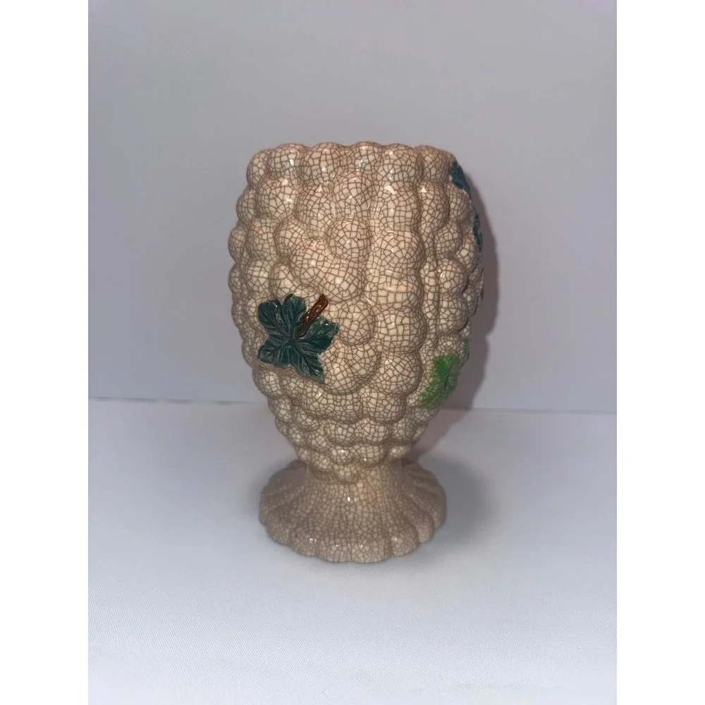 Vintage Made in Japan Grape Cluster Crackle Glaze Ceramic Pedestal Vase Cream